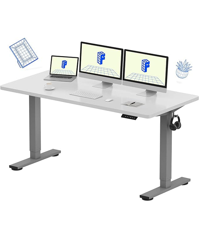 FLEXISPOT EN1 One-Piece Adjustable Stand Up Desk Workstation - Electric Standing Desk with Seamless Desktop (Silver Frame + 60 inches White Top, 2 Packages)