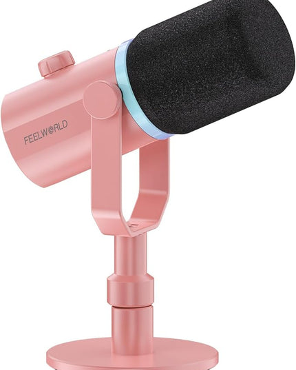 FEELWORLD PM1 XLR USB Dynamic Microphone with Desktop Stand Gifts for Podcast Recording PC Computer Gaming Streaming Vocal Voice-Over, Studio Metal Mic, RGB Light, Mute Button, Headphones Jack (Pink)