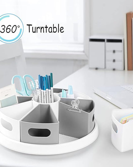 MeCids 360 Rotating Storage Organizer Desk Organizers Pen Holder– 12” Lazy Susan Style Caddy with Removable Bins, for Home Office Supplies, Art Supplies, Make-up & Kitchen Use, with Card & Gift Box
