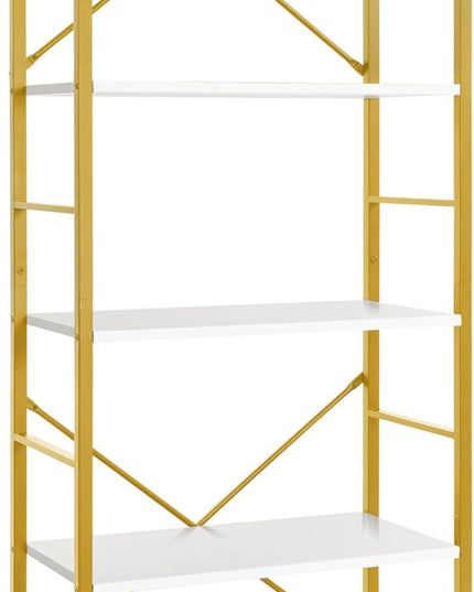 CAPHAUS 5 Tier Bookshelf, 24 Inch Width Free Standing Shelf, Bookcase Shelf Storage Organizer, Industrial Book Shelves for Home Office, Living Room, Kitchen, White Wooden Shelves & Gold Frame
