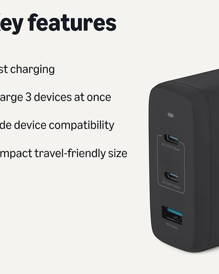 Amazon Basics Fast Charging USB C Nano GaN Wall Charger, 120W 3-Port for Laptops Tablets Phones, Black