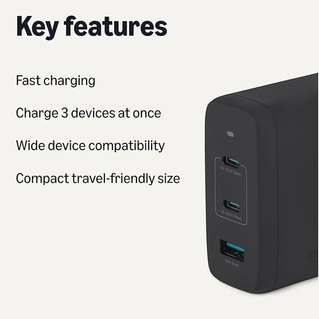 Amazon Basics Fast Charging USB C Nano GaN Wall Charger, 120W 3-Port for Laptops Tablets Phones, Black
