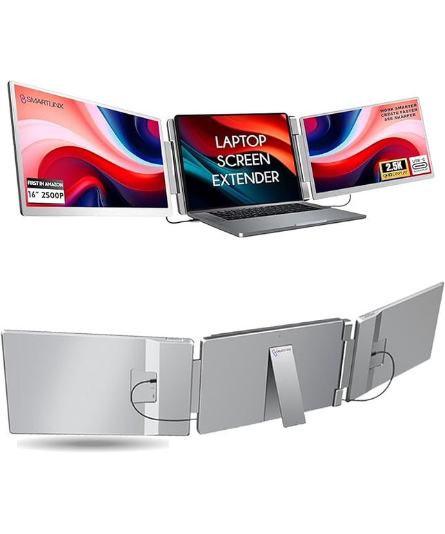 Smartlinx 16" Laptop Screen Extender Triple Display - 2560x1600P QHD Portable Monitor, USB C Detachable Plug & Play Extender for 12" -17" Laptops - Compatible with Windows/Android/PS4/MacBook