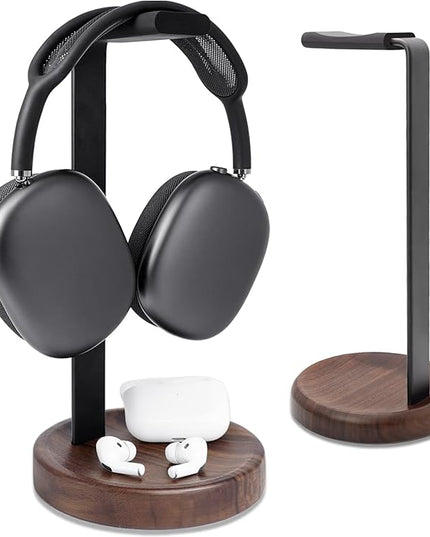 GEVO Headphone Stand for Desk - Walnut Wood & Aluminum Headset Stand, Universal Wooden Gaming Headphone Holder for AirPod Max, Bose, Sony, Razer, Jabra, JBL (Walnut Circular Base)