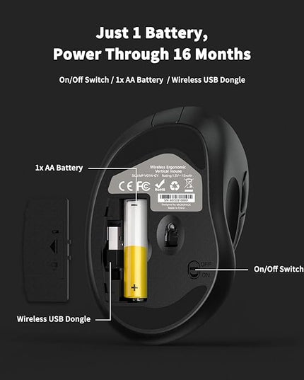 Ergonomic Wireless Mouse with USB Receiver for PC Computer, Laptop and Desktop, Ergo Mouse Vertical with Silent Clicks Long Battery Life, Up to 1600 DPI & 1 AA Battery Powered, Black