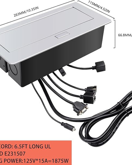 Pop Up Outlet; Pop up Power Strip; Embedded countertop Connection Outlet Box; 2 Outlets Max Power 1875W,HDMI USB VGA 3.5mm Audio Network Port Conference Table Multimedia Outlet Box -Silver