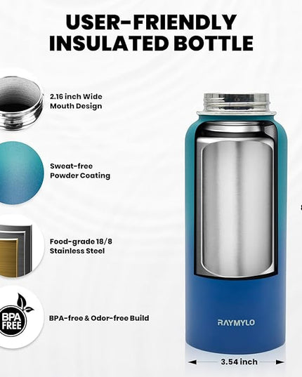 Insulated Water Bottle 32 oz, Triple Wall Vacuum Stainless Steel (Cold for 48 Hrs), Leak Proof & Non-BPA, Modern Water Flask Jug with Paracord Handle & Straw Spout Lids, Cyan Blue