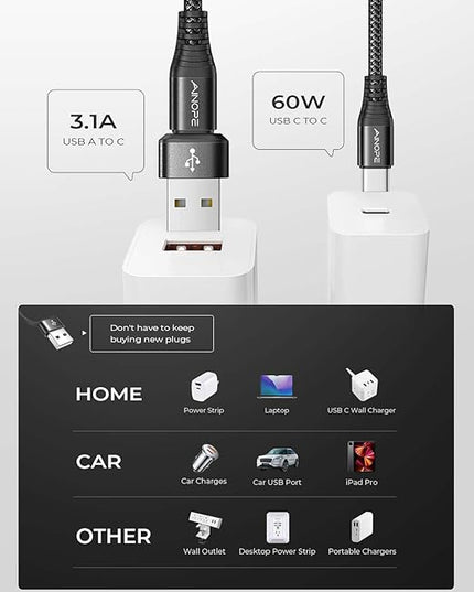 AINOPE USB C to USB C Cable, 6 FT USB C Cable Fast Charging with USB to USB C Adapter, 60W USB to USBC Cable for iPhone 17 Pro Max Air Type C Cable for iPhone 16/15/14/13/12 Samsung, Black