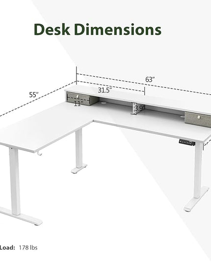 Agilestic L Shaped Electric Standing Desk with 2 Drawers, 63 Inch Ergonomic Adjustable Height Desk with Storage, Corner Desk Sit Stand up Computer Table for Work Office Home, White