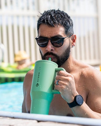 HydroJug Traveler - 32 oz Water Bottle with Handle & Flip Straw - Fits in Cup Holder, Leak Resistant Tumbler-Reusable Insulated Stainless Steel & Rubber Base - Gifts for Women & Men, Sage | with Handle, Flip Straw, Fits in Cup Holder, Leak Resistant, T...