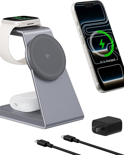 2025 3 in 1 Magnetic Wireless Charger Stand for Apple Devices, TRIBONE Qi2 Certified 15W Fast Charging Station for iPhone 17/16/15/14/13/12 Series, Apple Watch, Airpods
