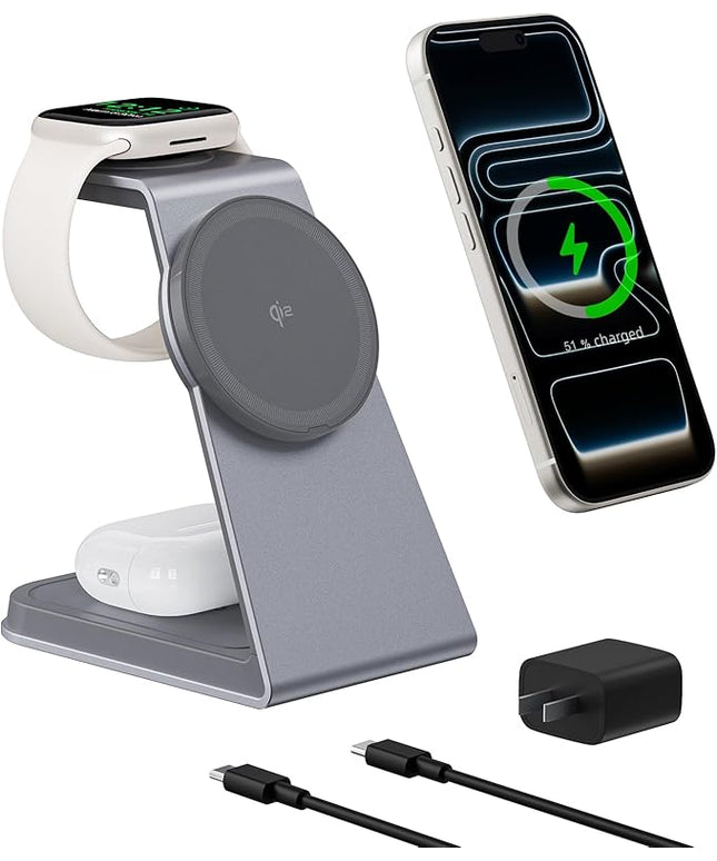 2025 3 in 1 Magnetic Wireless Charger Stand for Apple Devices, TRIBONE Qi2 Certified 15W Fast Charging Station for iPhone 17/16/15/14/13/12 Series, Apple Watch, Airpods
