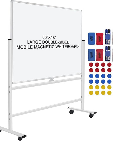 H-Qprobd 60"x48" Mobile Whiteboard Double-Sided Magnetic Dry Erase Board on Wheels - Comercial Rolling White Boards with Sturdy Stand for Home, Office & School