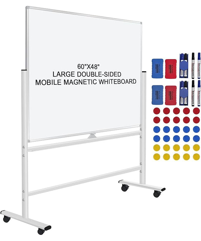 H-Qprobd 60"x48" Mobile Whiteboard Double-Sided Magnetic Dry Erase Board on Wheels - Comercial Rolling White Boards with Sturdy Stand for Home, Office & School