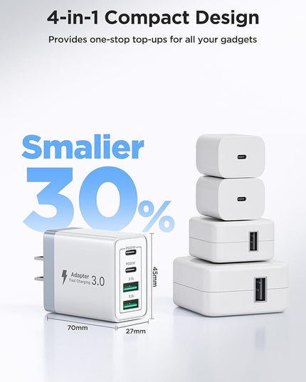 2 Pack USB C Wall Charger, 40W 4-Port USB C Fast Charger Block Dual Port QC+PD 3.0 Power Adapter, Multiport Type C Brick Charger with Lightning Cable for iPhone 14 13 12 11 Pro Max XS XR X 8 7 6 Plus