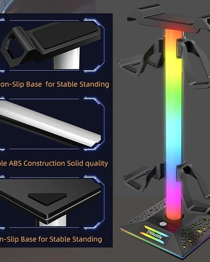ZNikoyidy Gaming Headphone Stand PC Accessories - RGB Headset Stand with 2 USB Ports,10 Light Modes Headset Holder Suitable for All Earphone Accessories, Gift for Boys Men Gamers