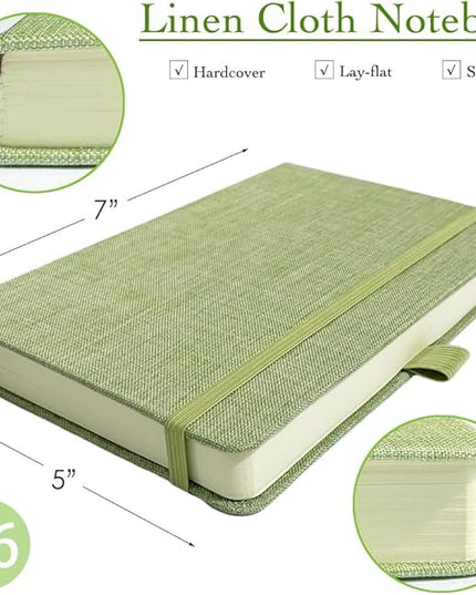 Linen Notebook, College Ruled, Hardcover, Lay Flat, B6, Small, 5x7, Thick, 100gsm, Green, Journal for Writing, Notebook for Work, Office