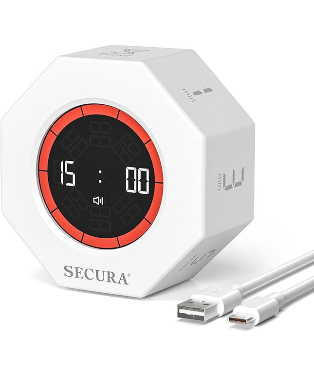 Secura Pomodoro Timer, Rotating Cube Time Tracker, Flip Gravity Sensor with 7 Presets(1/3/5/10/15/30/60 Minutes), Visual Progress Bar for ADHD, Kids, Tasks, Work, Study (White)