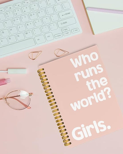 JKMBN Who Runs The World Journaling Notebooks, Pink Preppy Spiral Notebook, Inspirational Gifts for Women Teen Girls, Hardcover Spiral Notebooks College Ruled 5.5 x 8.3