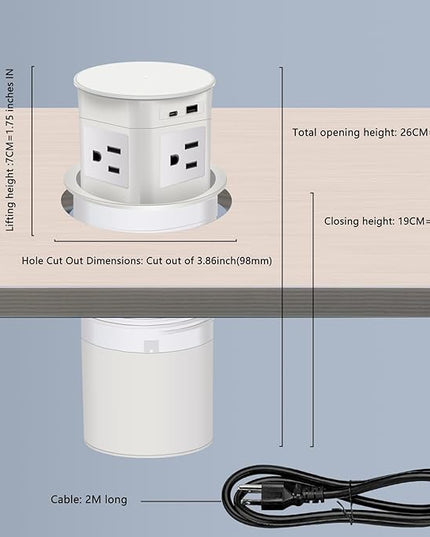 Pop Up Outlet 15W Wireless Charger,with 4 Outlets 1875W USB-C PD20W Super Charging 6.5FT 16AWG Cable 3.86 inch Desk Hole Pop Up Power Outlet for Kitchen Countertop,Office Conference Table (White)