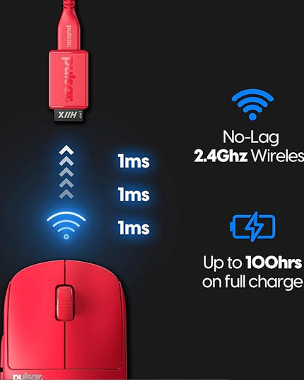 Pulsar Gaming Gears X2H mini Wireless Gaming Mouse, Limited Color Edition, Ultra Lightweight 1.83 oz (52 g), Symmetrical, Optical Switch, 26000 DPI, PAW3395 Sensor (Mini, Wireless, Red)