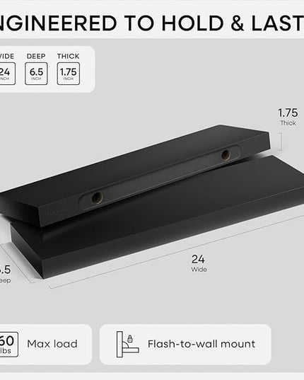 Homeforia Black Floating Shelves 24 inch, High End Solid Real Wood 24inch Bathroom Floating Shelf for Wall Mounted, Black Wooden 24in Floating Shelves, Heavy Duty Bracket, 24 X 6.5 X 1.75 in, Set of 2