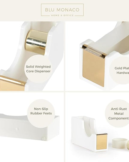 BLU MONACO White and Gold Tape Dispenser | Acrylic Desktop Tape Cutter with Smooth Blade & Weighted Non-Slip Base | Fits Standard & Large Rolls | Cute Desk Accessory for Office & Home