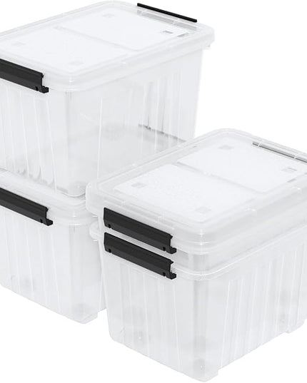 Zopnny 50 Qt Stackable Plastic Storage Bins with Lids, 4 Pack - BPA-Free, See-Through Organizing Solution, Latches, Wheels, Durable Nestable Containers, Clear