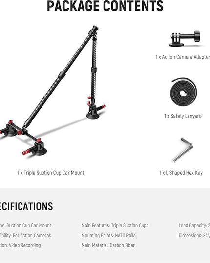 NEEWER Triple Suction Cup Car Mount Kit, Carbon Fiber Camera Mount with Action Camera Adapter, NATO Rail & 24"/60cm Extension Pole Compatible with GoPro Insta360, 2.2lb/1kg Max Load, CA136