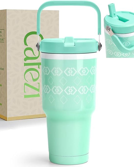 30 oz Tumbler with Handle, Vacuum Insulated Tumblers with Flip Straw and Top Handle, Reusable Insulated Cup for Home, Outdoors, Leakproof, Fits in Cup Holder, Cold for 30 Hours
