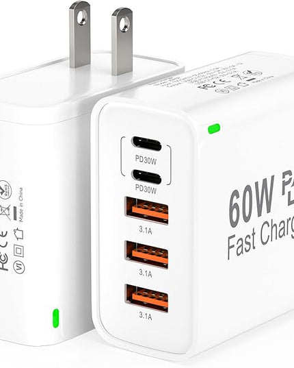 2Pack USB C Fast Charger Block, 60W 5-Port USB C Wall Charger 30W Type C Charging Block, 2USB C+3USB A PPS/PD 3.0 Multiport Charging Cube for iPhone 17 16 15 14 Pro Max,for Galaxy S25 S24 Ultra, i Pad