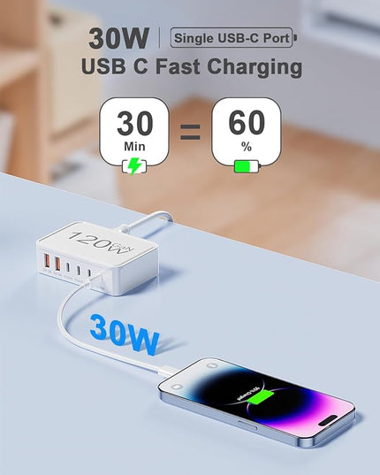Otovoda 120W USB C Charger Block, 6 Port USB Charging Station for Multiple Devices, 5FT Desktop Multi Charging Hub Compatible with iPhone Samsung ipad, for Travel Home Office