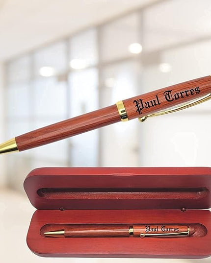 LAS VILLAS DESIGNS Personalized Wooden Ballpoint Pen with Personalized Case | Rosewood | Fully Customizable | Gift for graduations, birthdays, weddings, for him and for her (Pen w/Case)