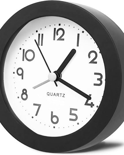 HIQU and HIST Alarm Clock with Backlight, 4 Inches Cute Analog Round Digital Quartz Clock, Non Ticking, Battery Operated,Simply Design for Living Room, Bedroom,Bedside, Desk Decorative (Black)