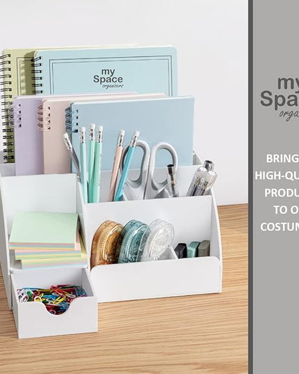 White Desktop Organizer - 9 Compartment Office Desk Accessories Organizer - Pen Holder