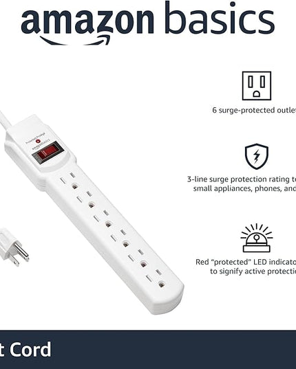 Amazon Basics 6-Outlet Surge Protector Power Strip with 200J Protection, Circuit Breaker, 2ft Extension Cord, White, 20-Pack
