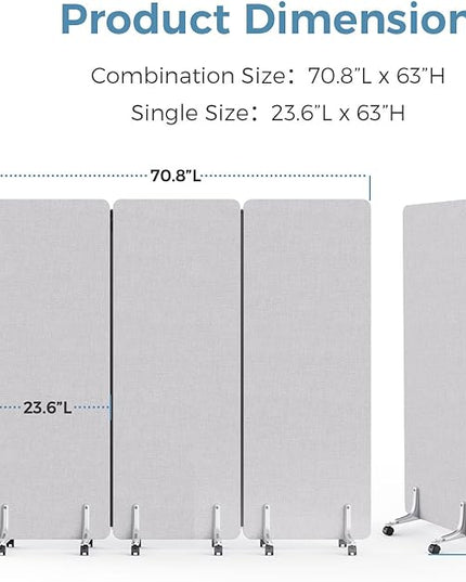70.8" W x 63" H Freestanding Partition Room Dividers, Acoustic Panels with Wheels, 3 Soundproof Privacy Panels for Office, Reception Room, School, Hospital, Light Grey
