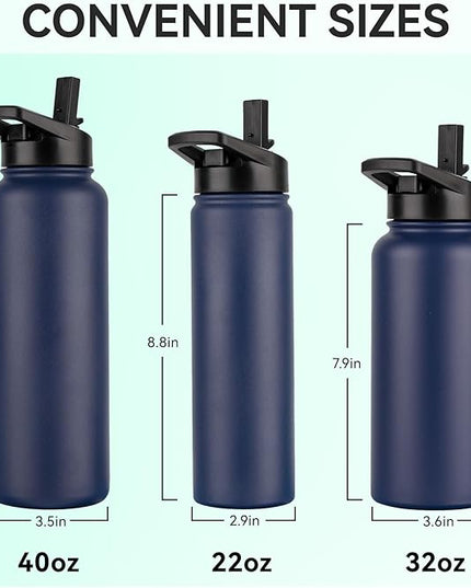 DOMICARE 32 oz Insulated Water Bottle Bulk, Vacuum Insulated Stainless Steel Sports Water Bottle with Straw Lid & Spout Lid, Leakproof, Reusable - Travel, Camping, Bike, Navy Blue (8 Pack)