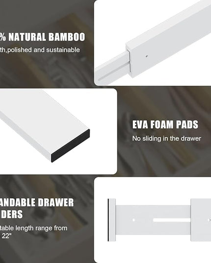 Bamboo Drawer Dividers,17-22" Adjustable Kitchen Drawer Organizer for Clothes,8 Pack Expandable Drawer Organization Separators for Bedroom,Bathroom,Dresser and Office,White