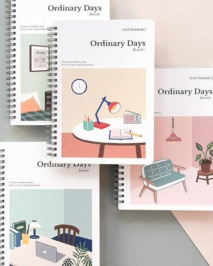 Monolike Ordinary days A5 Grid Spiral Notebook, Study room - Hardcover 5.83 x 8.27inch 128 Page,120GSM Thick paper