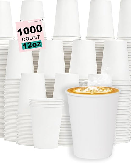 Coolcap 12 oz 1000 Pack Disposable Coffee Cups, Bulk White Disposable Paper Cups, Coffee Cups for Hot Tea, Chocolate and Cold Drinkse