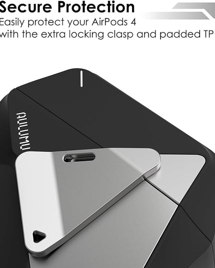 Aulumu A29 Geometric AirPods 4 Case with Lock | Protective Cover with Nylon Buckle | Alloy Armour | Compatible with Apple AirPods 4th (2024) - Black