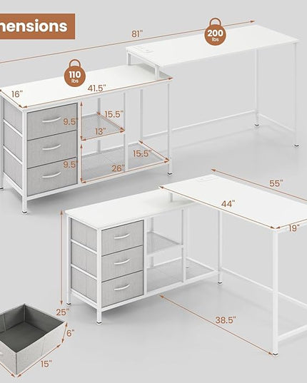 Tangkula 81 Inch L-Shaped Desk with Power Outlet, Convertible Corner Desk with Drawers & Shelves, Office Desk for Working, Studying, Gaming (White)