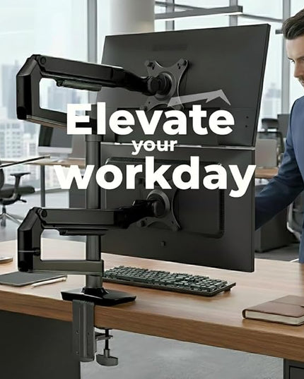 Dual Monitor Mount, Holds Screens up to 40 Inches and 25 lbs, Fully Adjustable Dual Monitor Arm with C-Clamp and Grommet Base, Aluminum, Black
