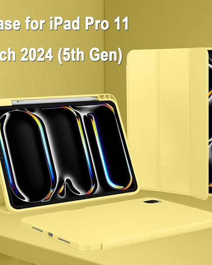 ZryXal iPad Pro 11 Inch Case (M5) 2025/ (M4) 2024 (Model: A2836/A2837/A3006), Trifold Stand Smart Cover with Pencil Holder and Soft TPU Back, Auto Wake/Sleep (Yellow)