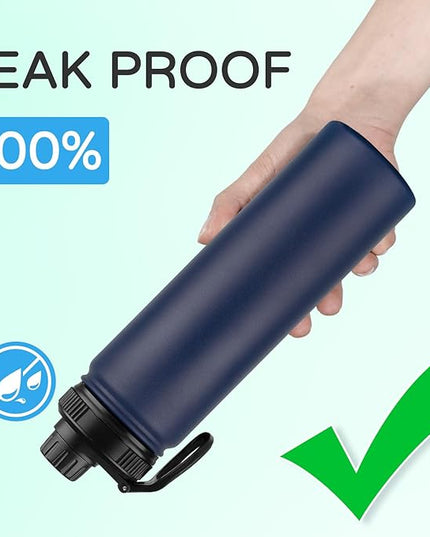 DOMICARE Insulated Water Bottle, 22 oz Vacuum Insulated Stainless Steel Reusable Sports Bottle with Straw Lid & Spout Lid for Travel, Camping, Bike, Leakproof, Navy Blue, 1 Pack