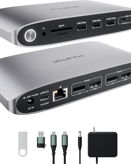 DisplayLink Docking Station Triple Monitor with 140W Power Adapter, PULWTOP 4K@60Hz Laptop Docking USB C Dock for MacBook M1/M2/M3, Windows, 3xHDMI, 2xDisplayPort,5xUSB C/USB A Data/Charging