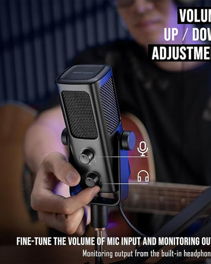 FIFINE USB-Podcast-Condenser-Microphone for Studio-Recording/Computer-Streaming, Desktop-Metal-Mic for YouTube Music Vocal Creation, with Monitor-Mix Volume-Control, Low-Cut Switch (PROFILE3)