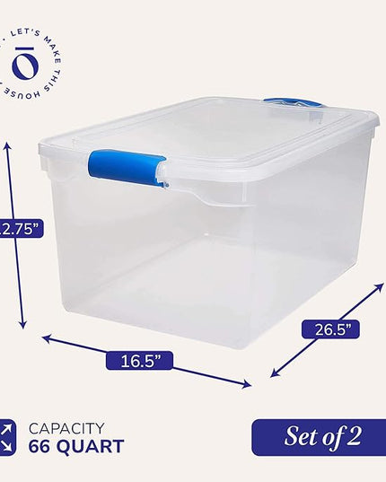 HOMZ 2-Pack Latching Lid, Large Clear Plastic Storage Bins with Lids, 66 Quart, Blue Latch - Stackable Container Boxes for Home, Bathroom, and Office Organization