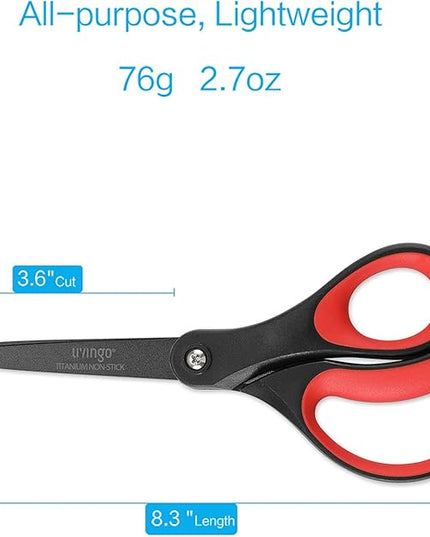 LIVINGO 2 Pack 8" Titanium Non-Stick Scissors, Professional Stainless Steel Comfort Grip, All-Purpose, Straight Office Craft Scissors for DIY(Red/Black)